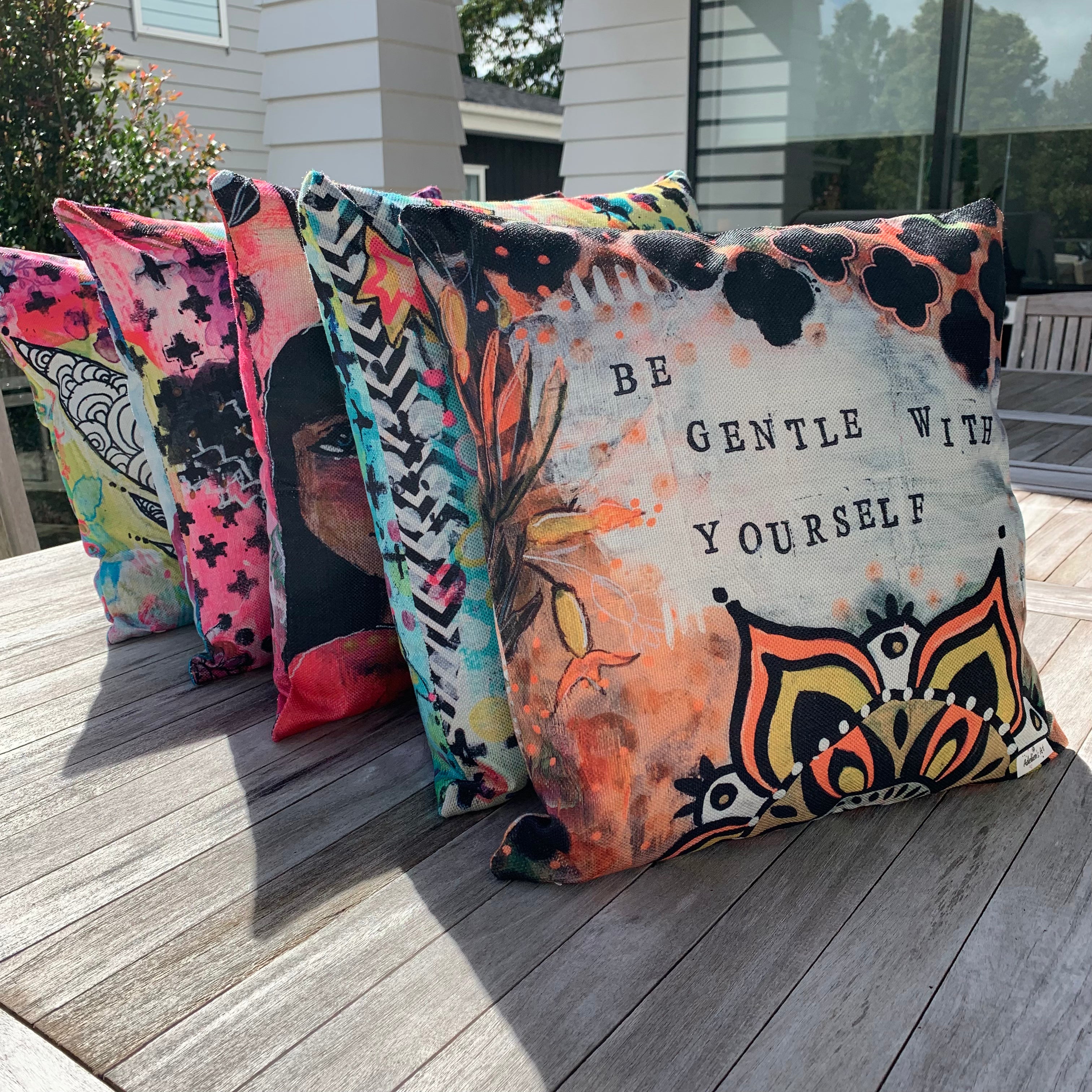 colorful fun collection of mixed media scatter cushions by Adelien's Art