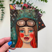 Pilot girl mixed media A6 postcard from Adelien's Art