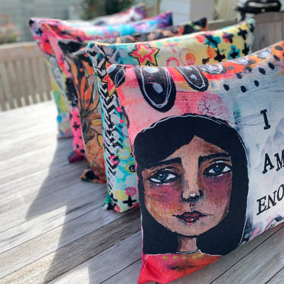 collection of positive affirmation scatter cushions by mixed media artist Adelien de Wet