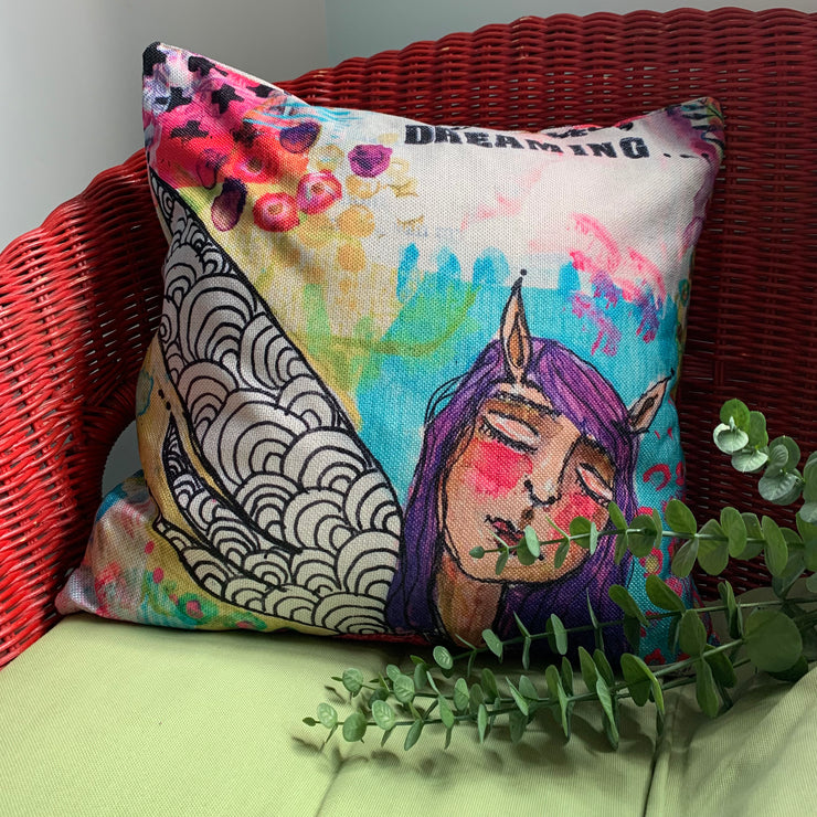 Never stop dreaming mixed media fairy scatter cushion by Adelien&