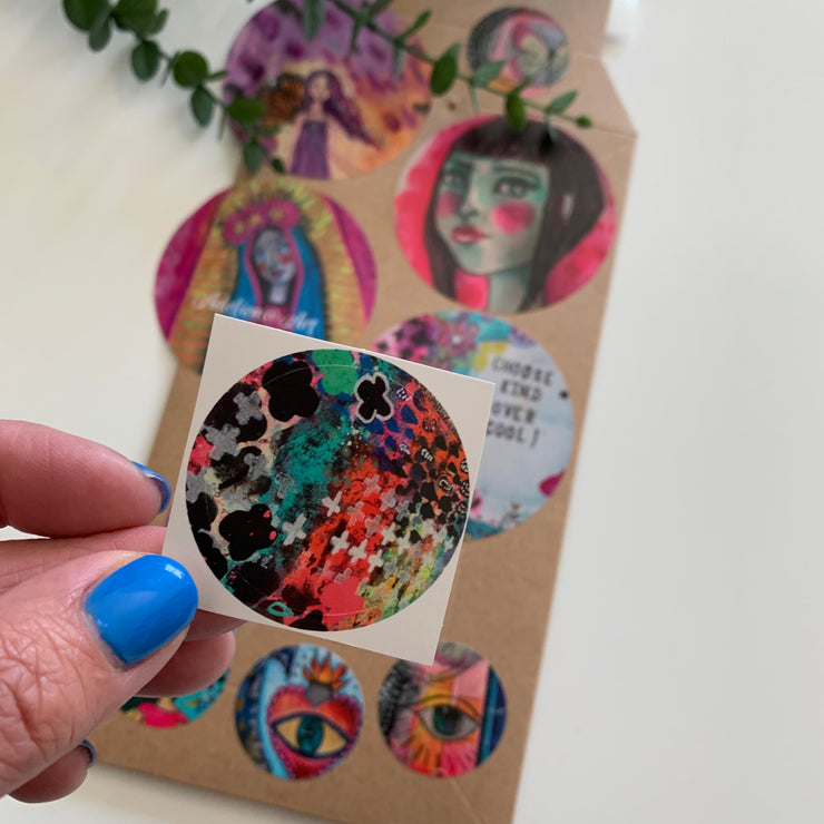 colorful mixed media round sticker from Adelien&